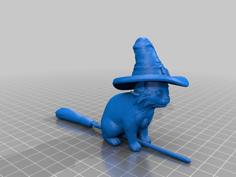 Cat Wearing A Hat On A Witches Broom 3D Printer Model