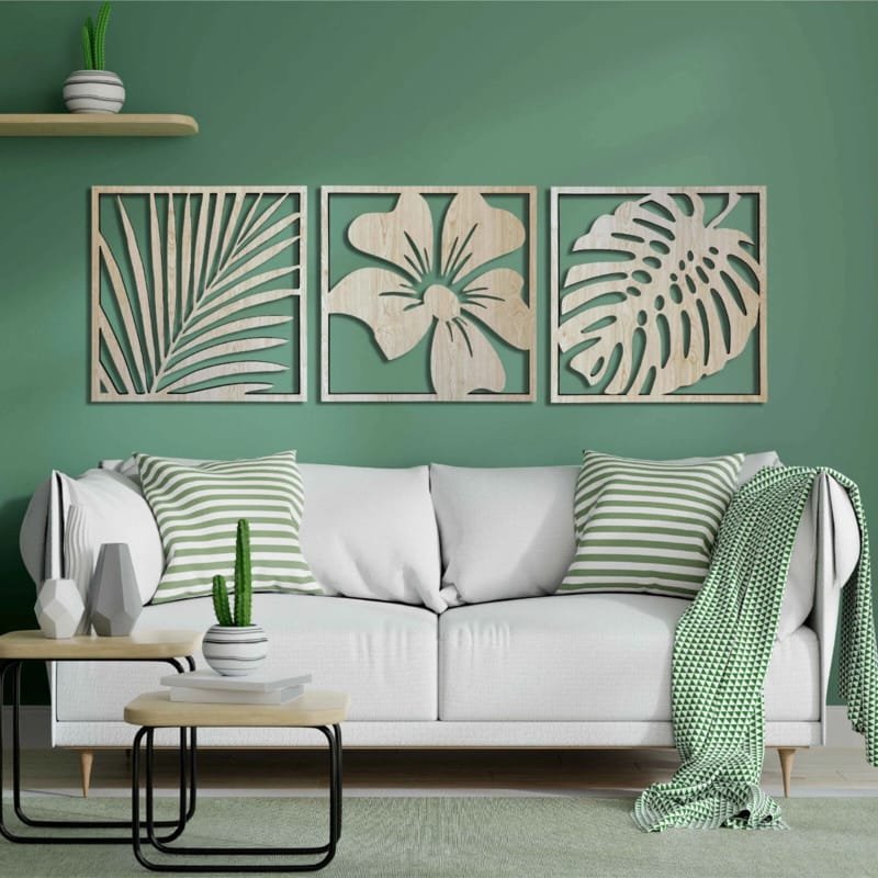 Laser Cut Monstera Leaves Wood Wall Decor – 3 Large Piece Floral Wall Hanging