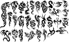 Conjunto de vetores de tatuagem tribal de dragões chineses