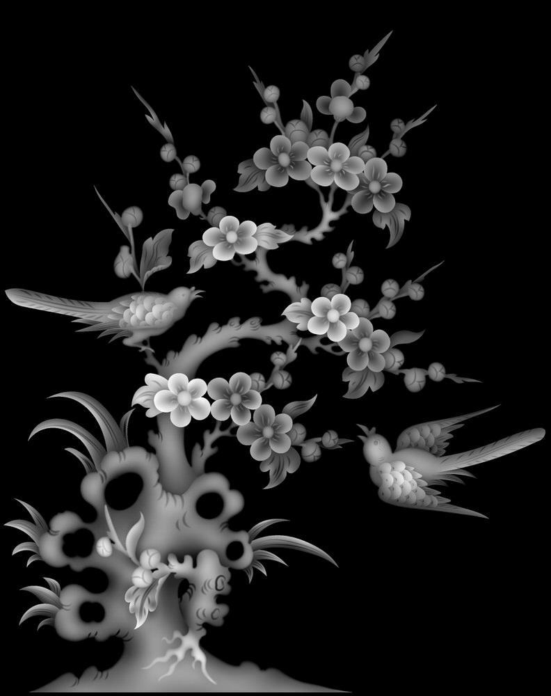 Kuşlar ve Çiçekler Yüksek Kaliteli Gri Tonlamalı Görüntü