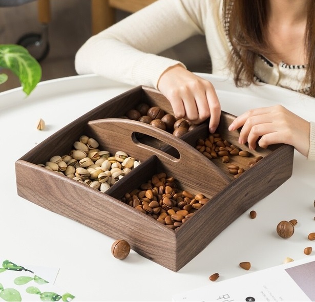 Laser Cut Wood Tray With Handle Snacks Dry Fruit Box Candy Dish Creative Tray Fruit Plate DXF File