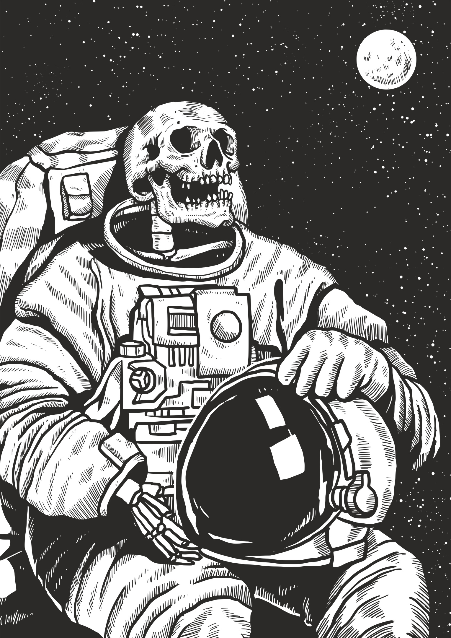 Skelett Linolschnitt Astronaut Print