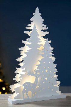 Decoración de mesa de Navidad con escena de reno de árbol cortado con láser