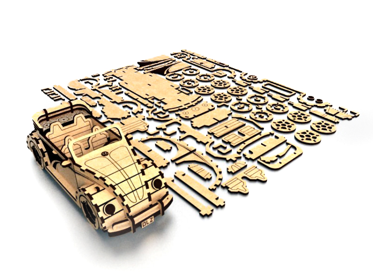 Laser Cut Volkswagen Fusca Beetle Convertible 3D Puzzle DXF File Free