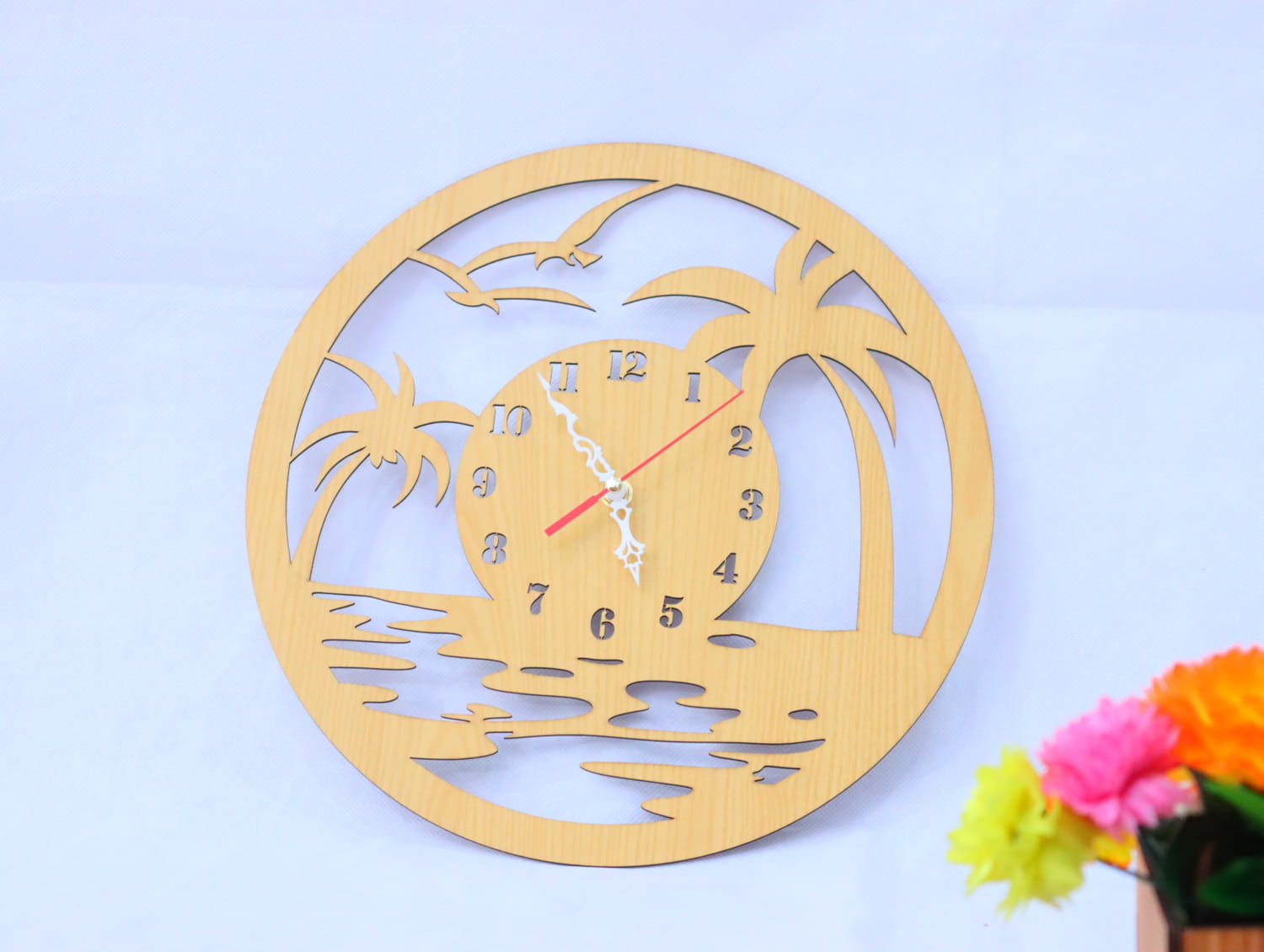 Laser Cut Wood Beach Wall Clock Free Vector