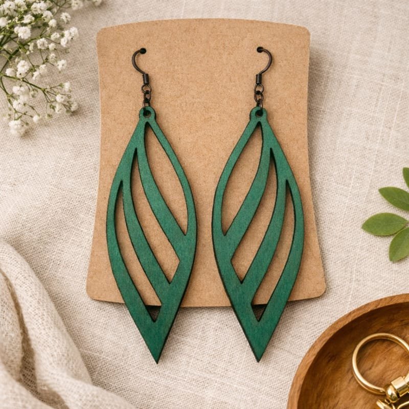 Laser Cut Wooden Hollow Leaf Drop Earrings