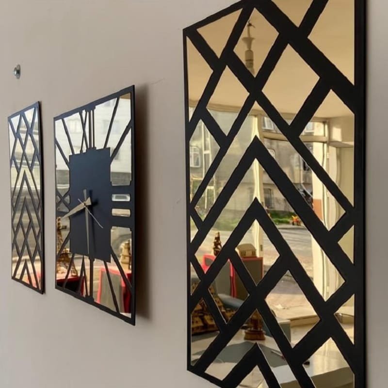 Laser Cut Mirror Square Clock with Frames