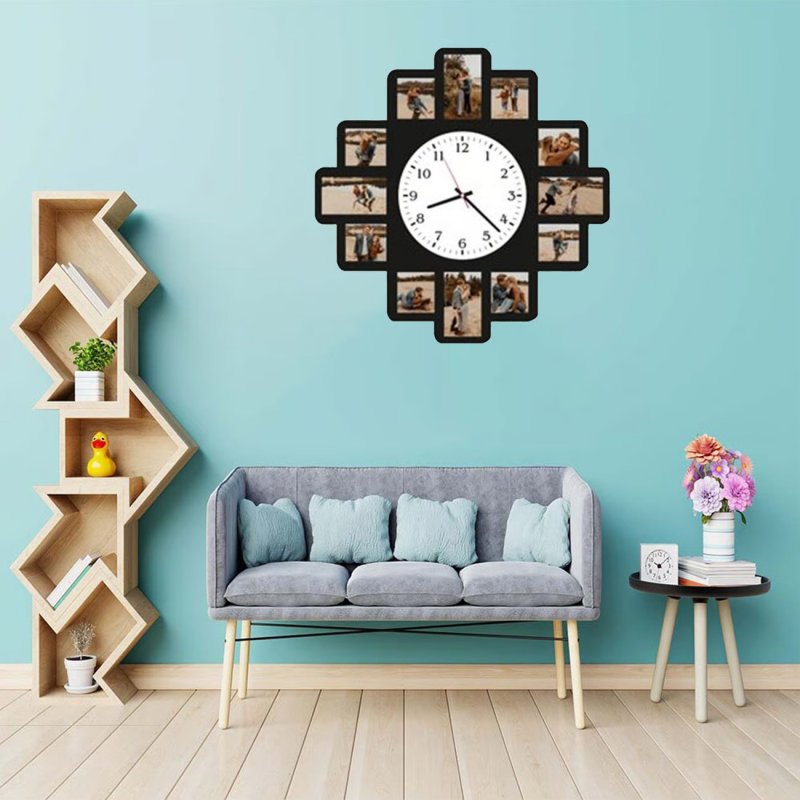 Laser Cut Personalized Wooden Decorative Wall Clock with 12 Photos