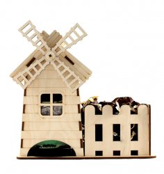 Modello di casa da tè con mulino a vento tagliato al laser