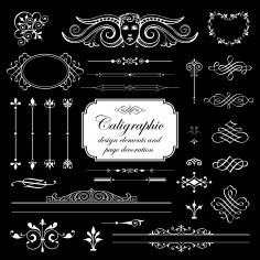 Elementi di design calligrafici e set di vettore di decorazione di pagina isolato su sfondo nero