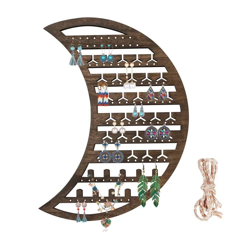 Laser Cut Moon Wooden Jewelry Organizer – Wall Mounted Hanging Jewelry Holder For Earrings & Rings