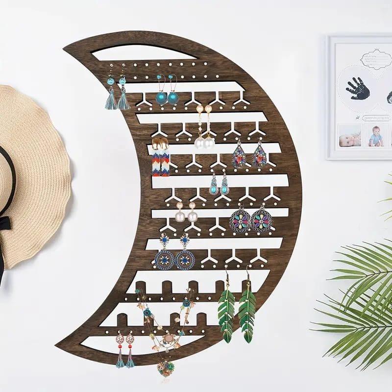 Laser Cut Moon Wooden Jewelry Organizer – Wall Mounted Hanging Jewelry Holder For Earrings & Rings