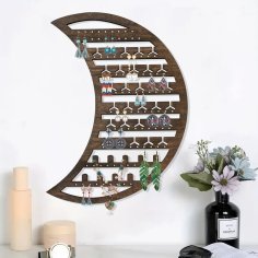 Laser Cut Moon Wooden Jewelry Organizer – Wall Mounted Hanging Jewelry Holder For Earrings & Rings