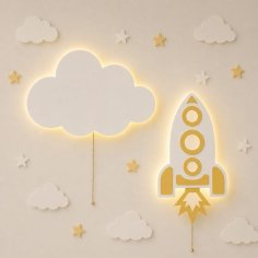 Laser Cut Rocket and Cloud Wall Night Light Kids Room Decor