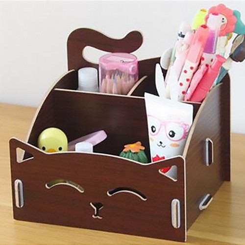 Caja de almacenamiento de madera con lindo gato cortado con láser organizador cosmético de escritorio de oficina