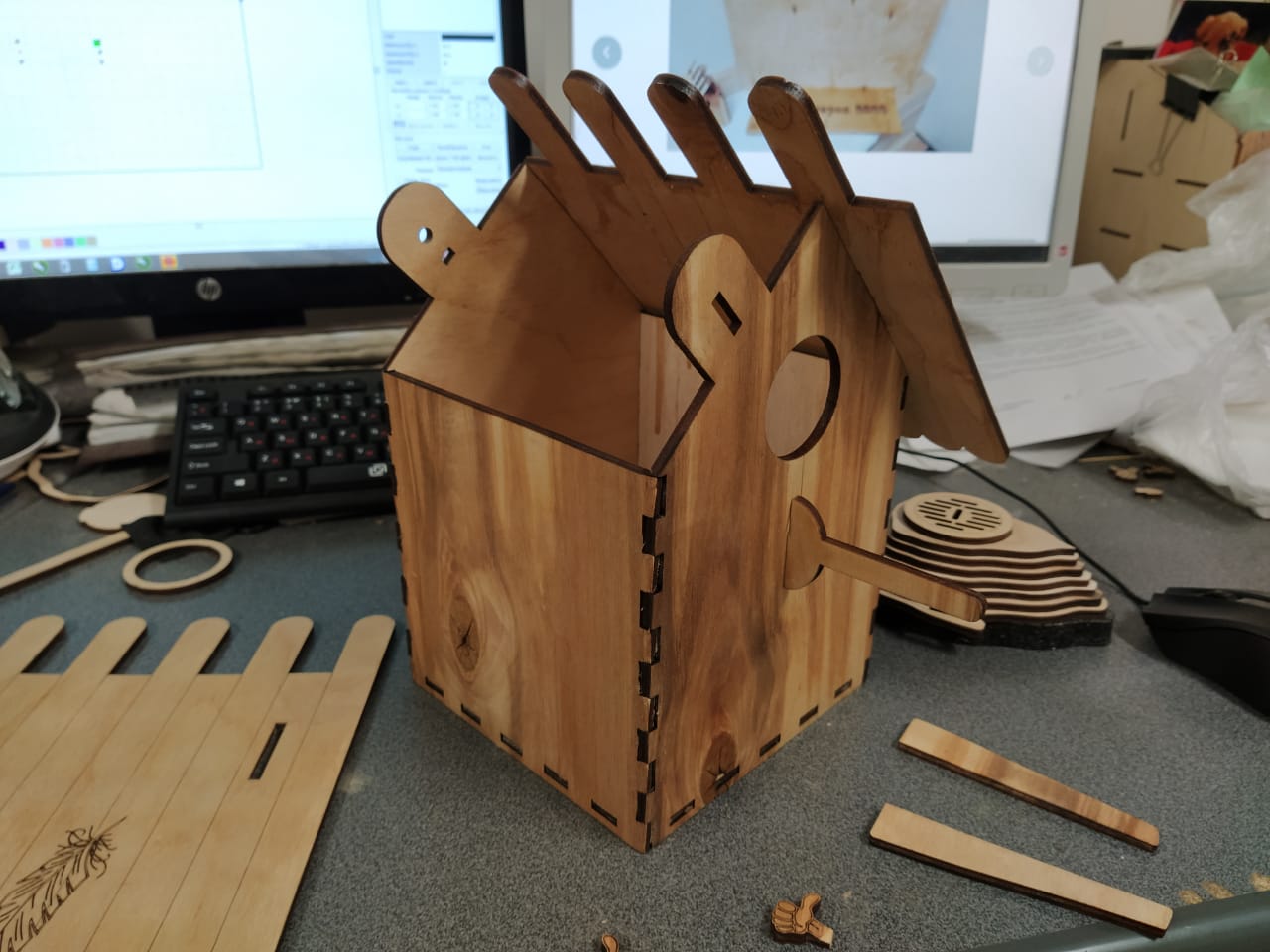 Laser Cut Slat Roof Wood Birdhouse Free Vector