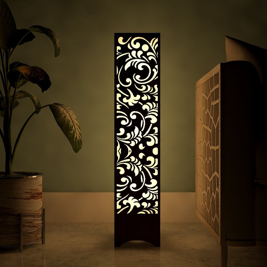 Lámpara de pie de madera con diseño de flores cortadas con láser