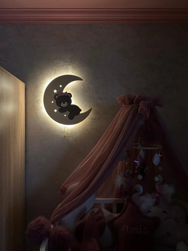 Laser Cut Bear on the Moon Baby Room Night Light – Moon Lamp Kids Room Decor