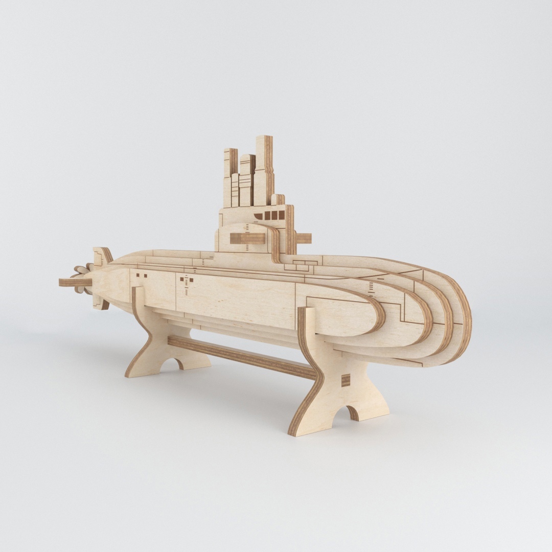 Modelo de madera submarino cortado con láser