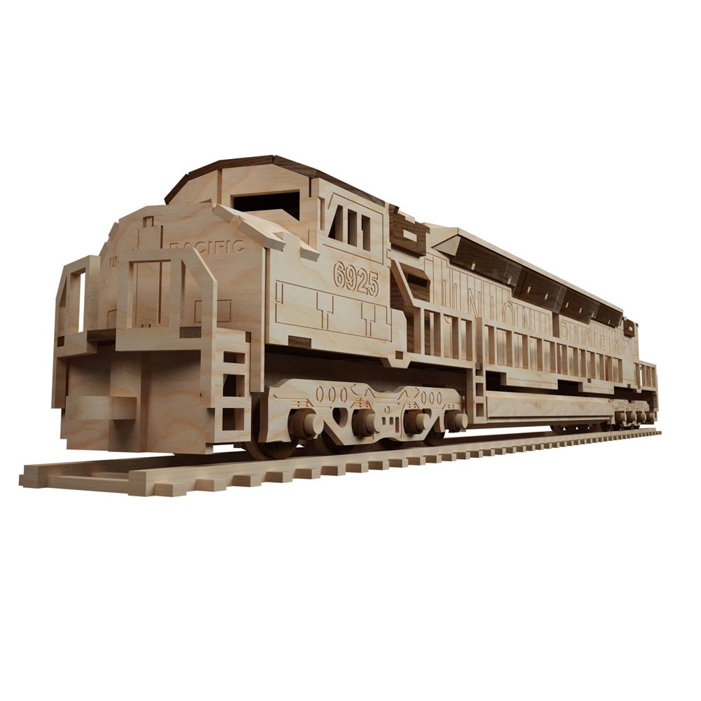 Tren de juguete con motor de tren de madera de locomotora diésel cortado con láser