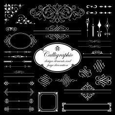 Elementos caligráficos y decoración de página para diseño aislado en conjunto de vectores de fondo negro