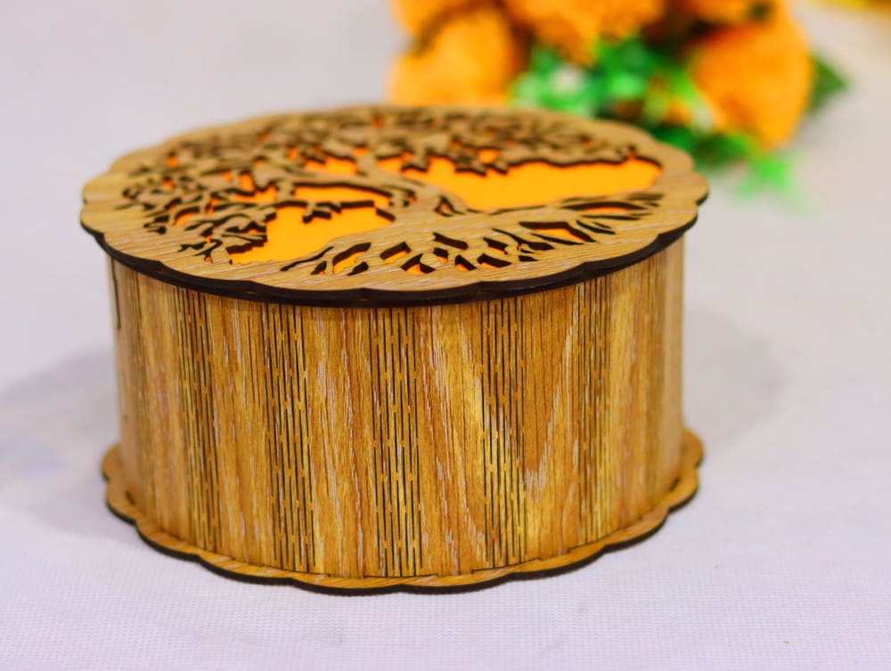 Laser Cut Decorative Round Wooden Box Free Vector