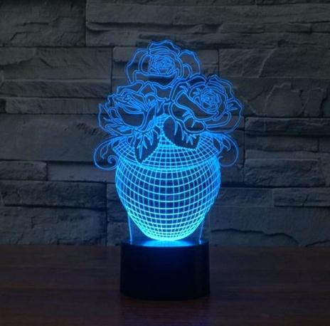 एक फूलदान 3 डी इल्यूजन लैंप एलईडी नाइट लाइट्स में गुलाब