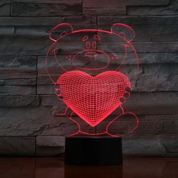 Lazer Kesim Ayıcık Kalp 3D Lamba