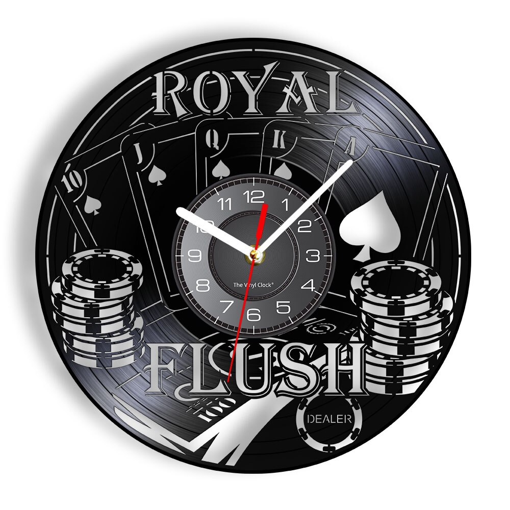 Laserowo wycinane Royal Flush Poker Zegar ścienny Gry karciane Płyta winylowa Dekoracje ścienne