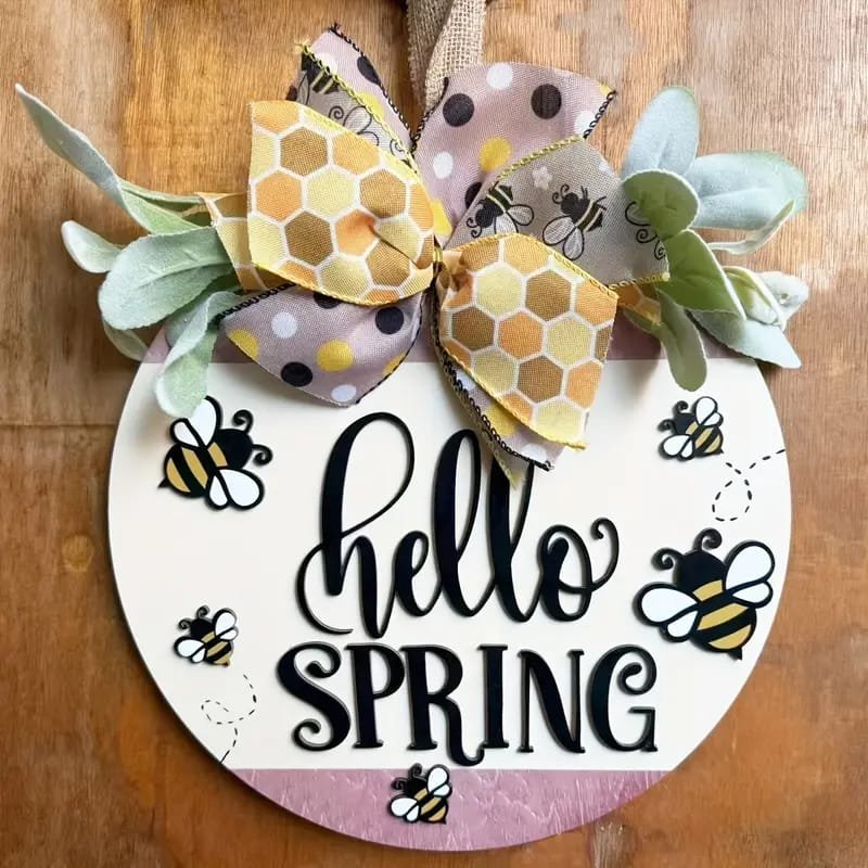 Laser Cut 3D Bee Theme Hello Spring Wooden Door Hanger – Rustic Farmhouse Circular Wall Decor With Bumblebee