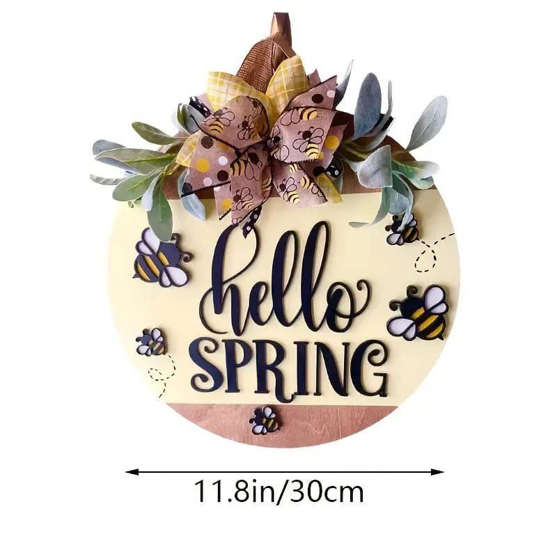 Laser Cut 3D Bee Theme Hello Spring Wooden Door Hanger – Rustic Farmhouse Circular Wall Decor With Bumblebee