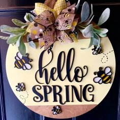 Laser Cut 3D Bee Theme Hello Spring Wooden Door Hanger – Rustic Farmhouse Circular Wall Decor With Bumblebee