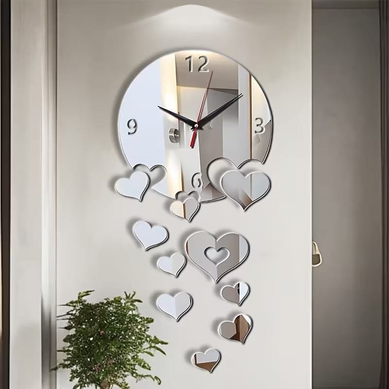 Laser Cut Heart Shape Wall Clock Creative DIY Acrylic Heart Clock With Mirror Stickers