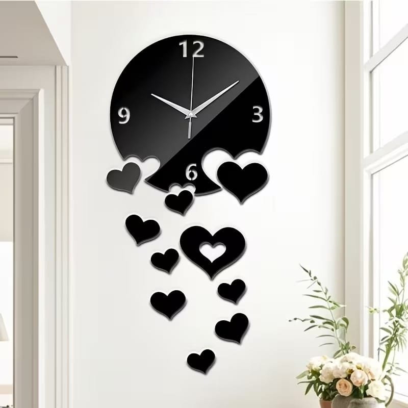 Laser Cut Heart Shape Wall Clock Creative DIY Acrylic Heart Clock With Mirror Stickers