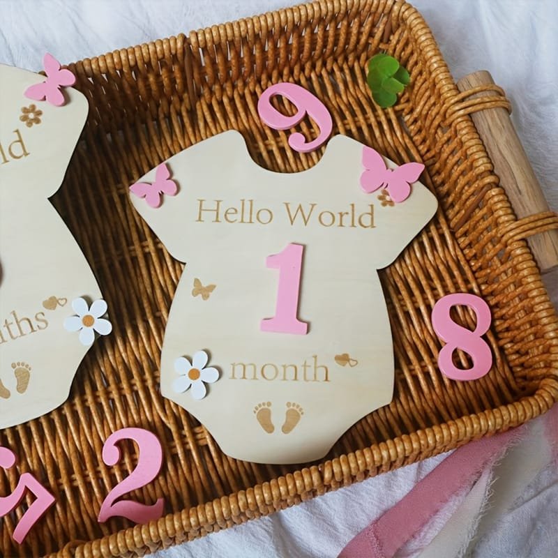 Laser Cut Wooden Jumpsuit Milestone Keepsake Set Flower Butterfly Milestone Plaque