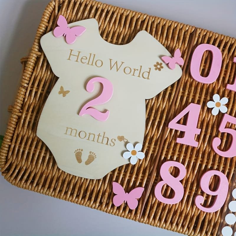 Laser Cut Wooden Jumpsuit Milestone Keepsake Set Flower Butterfly Milestone Plaque