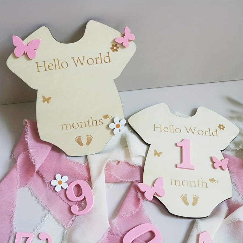 Laser Cut Wooden Jumpsuit Milestone Keepsake Set Flower Butterfly Milestone Plaque