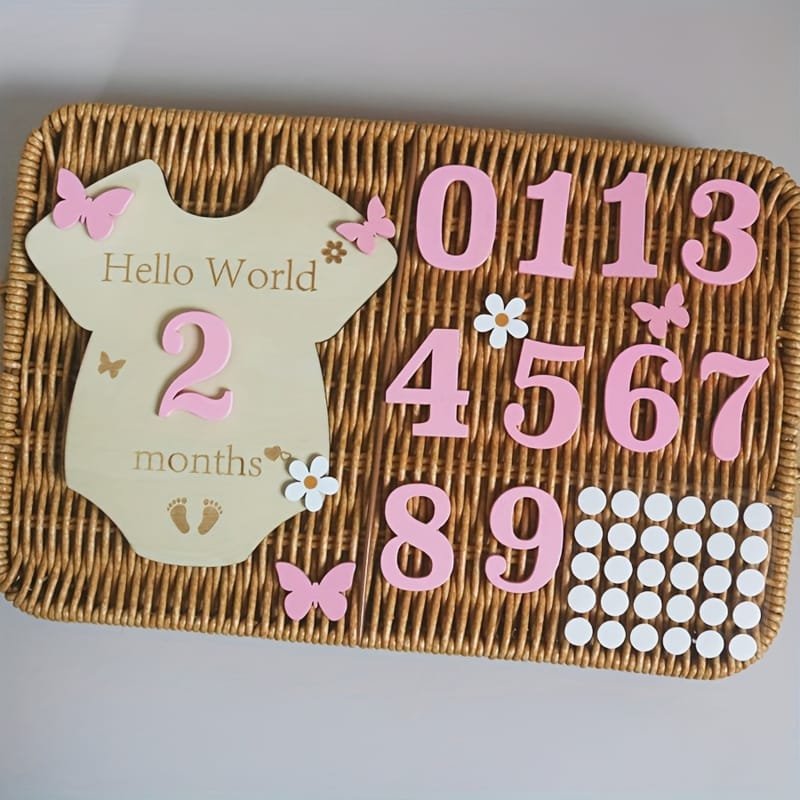 Laser Cut Wooden Jumpsuit Milestone Keepsake Set Flower Butterfly Milestone Plaque