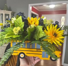 Laser Cut School Bus Flowers Box Free Vector