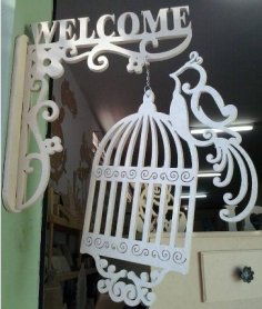 Letrero de bienvenida cortado con láser con decoración de pared de pájaro y jaula