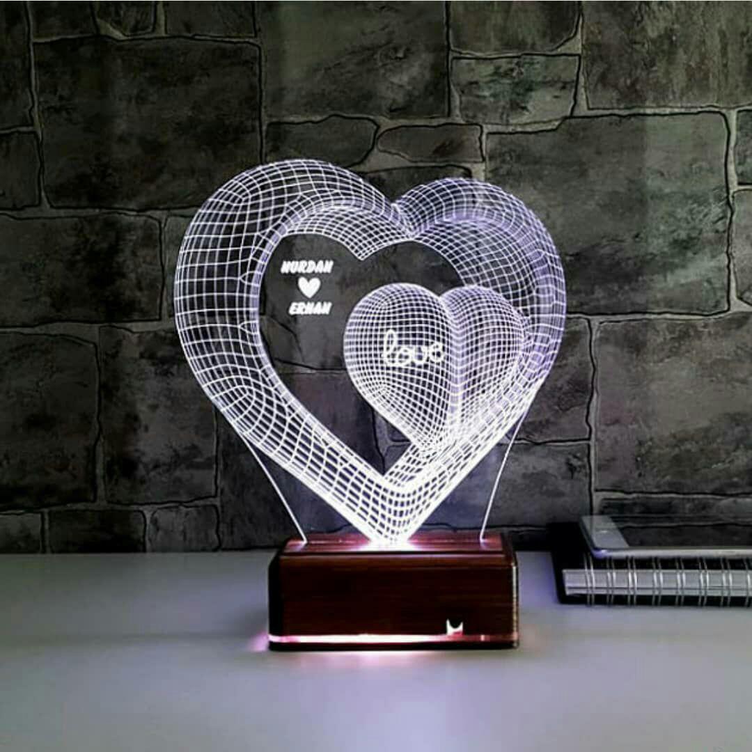 Lasergeschnittene Lampe mit zwei Herzen, 3D-optische Täuschung, LED-Nachtlicht