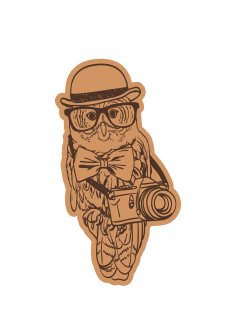 Hibou portant une casquette avec appareil photo et lunettes modèle de gravure découpé au laser