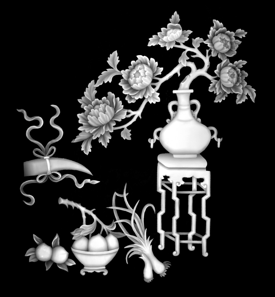 Vase mit Blumen Obst Graustufenbild