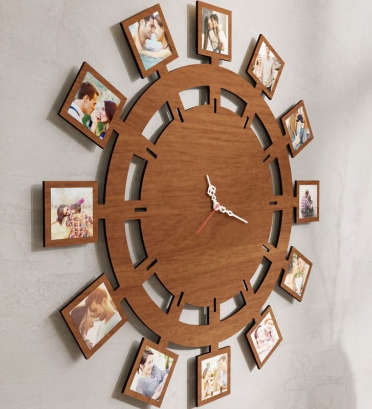 Laser Cut Personalized Wooden Wall Clock with 12 Photos