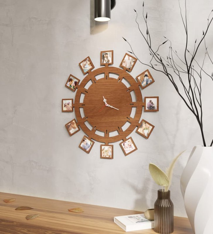Laser Cut Personalized Wooden Wall Clock with 12 Photos