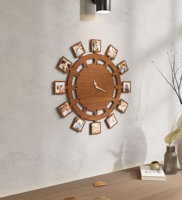 Laser Cut Personalized Wooden Wall Clock with 12 Photos