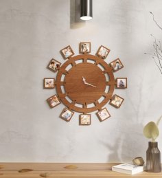 Laser Cut Personalized Wooden Wall Clock with 12 Photos