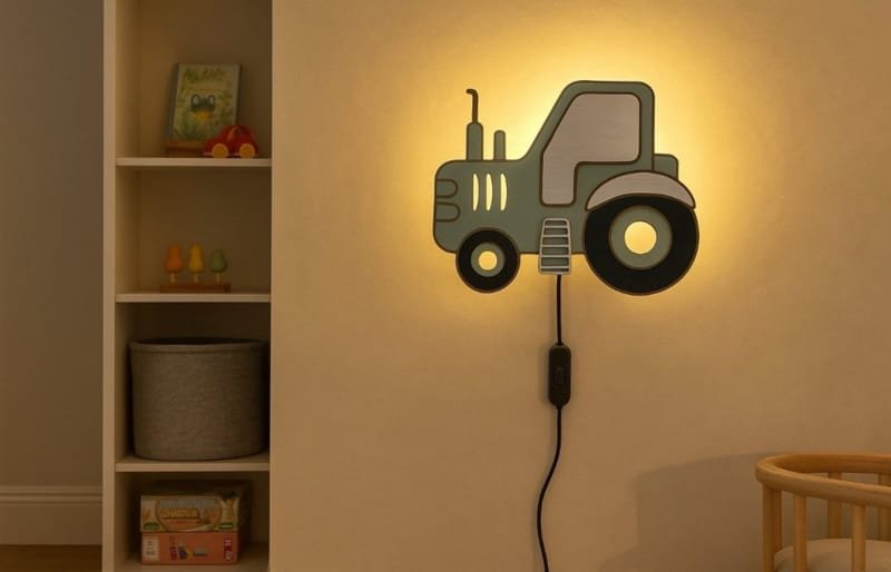 Laser Cut Wooden 3D Tractor Kids Room Wall Lamp