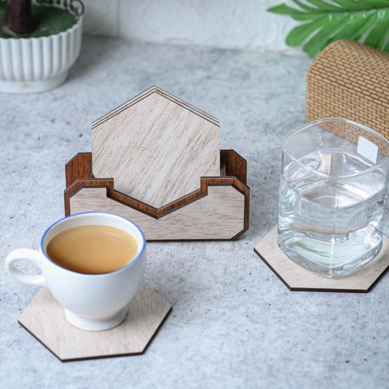 Laser Cut Wooden Tea Coasters Set with Stand for Dining Table
