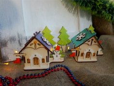 Casa de madera cortada con láser Pueblo navideño